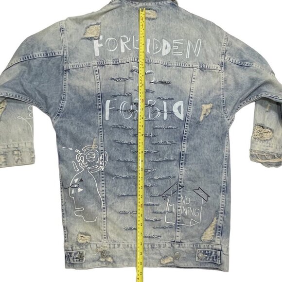 ZARA TRAFALUC DENIM Destroyed Graffiti Long Jean Jacket Women Small 90s Grunge - Picture 15 of 16